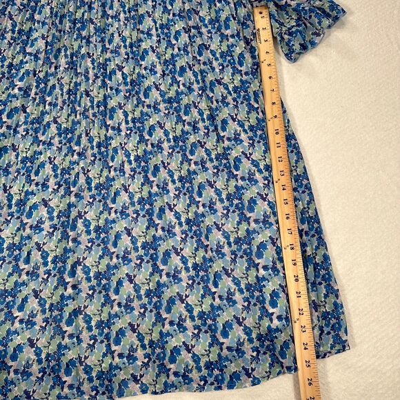 Melloday Mini Shift Dress 3/4 Sleeve Size Large Blue Floral Pleated Ruffle Neck - Picture 10 of 10